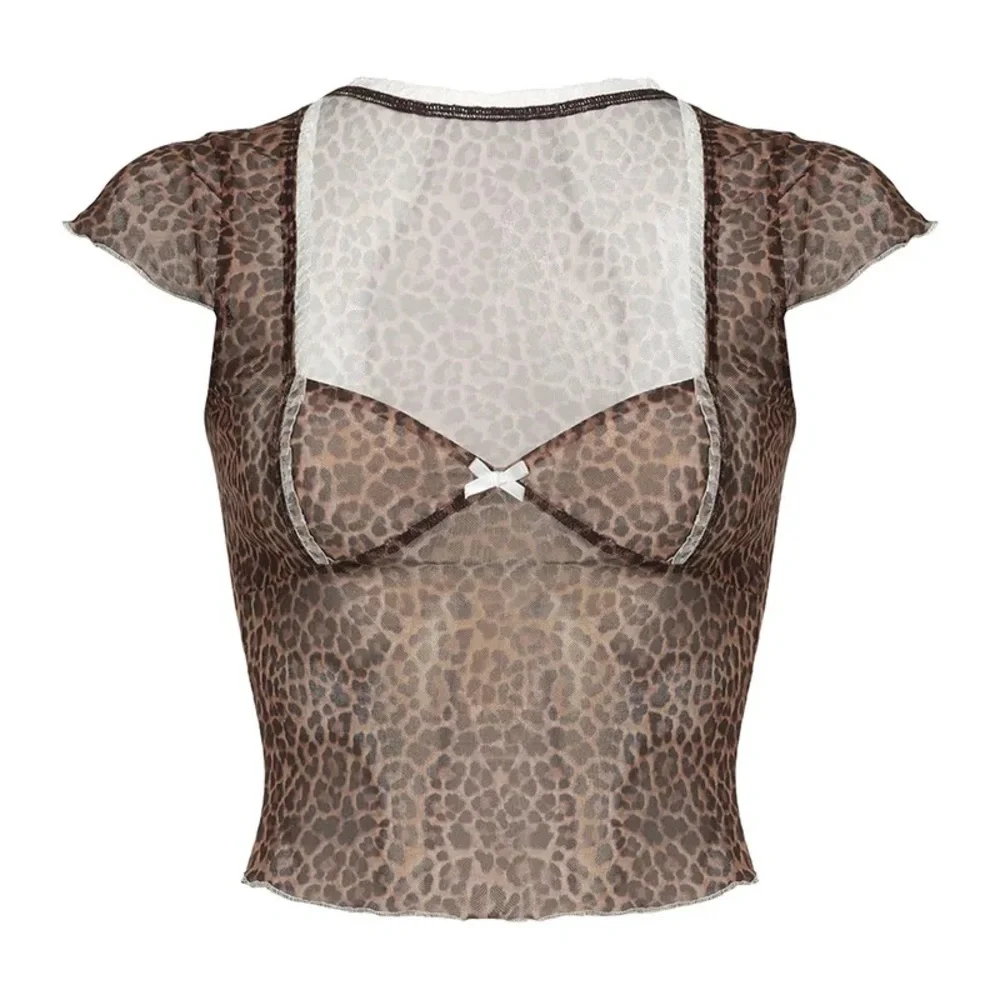 Sexy Leopard Print Lettuce Crop Top Semi-Sheer Hot Trim Tulle Tee Elegant Bow - Picture 6 of 6